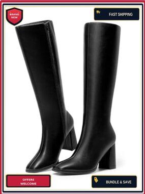 Knee High Square Toe Chunky Heel Boots Faux Leather Side Zipper